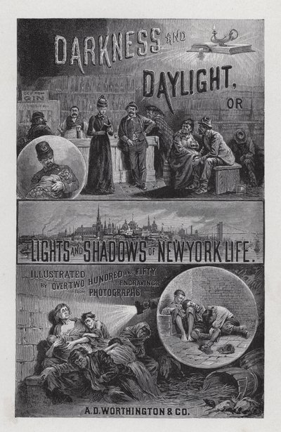 Frontispice for Darkness and Daylight, or Lights and Shadows of New York Life av Mrs Helen Campbell (litho) av American School