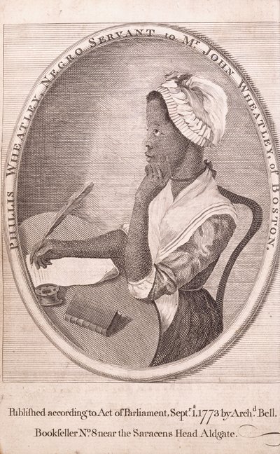 Frontispice-porträtt av författaren, Phillis Wheatley, från boken "Poems on Various Subjects, Religious and Moral" av American School