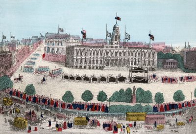 Abraham Lincolns begravningsprocession, 25 april 1865 i New York, pub. 1865 (handfärgad gravyr) av American School