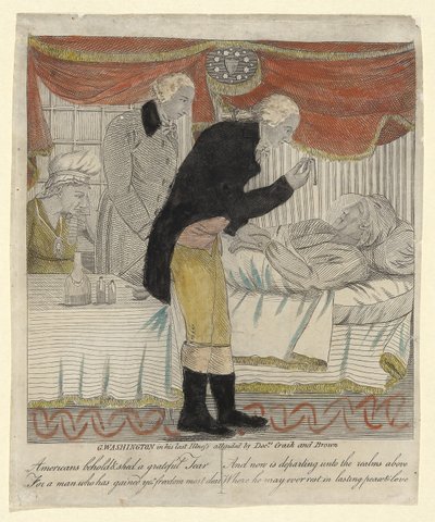 G. Washington i sin sista sjukdom, deltog av Drs Craik och Brown, pub. c.1800 (handfärgad gravyr) av American School