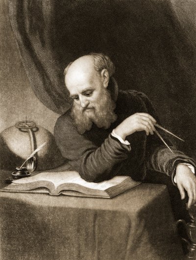 Galileo med kompass och diagram, ca 1880 (gravyr) av American School