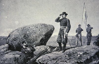 General G.K. Warren vid signalstationen på Little Round Top, Battle of Gettysburg av American School