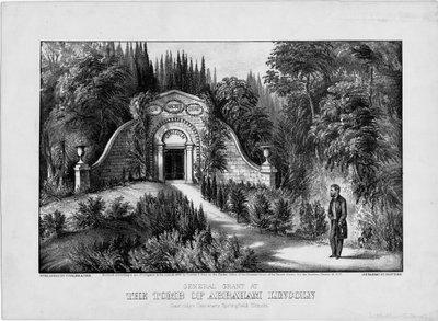 General Grant vid Abraham Lincolns grav, Oak Ridge Cemetery, Springfield, Illinois, pub. av Currier & Ives, 1868 av American School