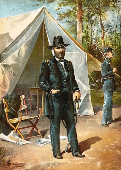 General Ulysses S Grant står framför sitt tält under det amerikanska inbördeskriget, pub. 1892 av American School
