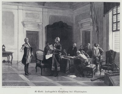 George Washington välkomnar Marquis de Lafayette (gravyr) av American School