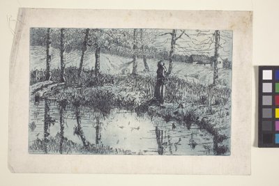 Girl By Pond (etsning och plåtton tryckt i blått) av American School