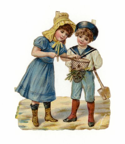 Flicka och pojke som fiskar på stranden av American School