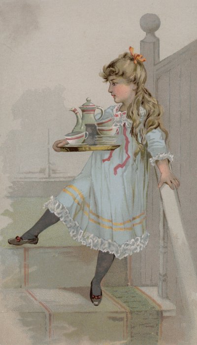 Flicka som bär en kanna kaffe på en bricka av American School