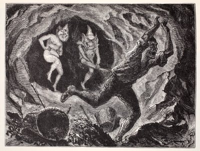 Gnomes Terrifying a Miner, från The World Guide to Gnomes, Fairies, Alves and Other Little People av Thomas Keightley (1789-1872) Publicerad 1880 av American School