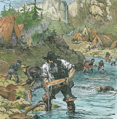Guldtvätt i Kalifornien, från en bokpub. 1896 (handfärgad gravyr) av American School