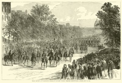 Stor recension i Washington, Sheridans kavalleri som passerar Pennsylvania Avenue, 23 maj 1865, maj 1865 av American School