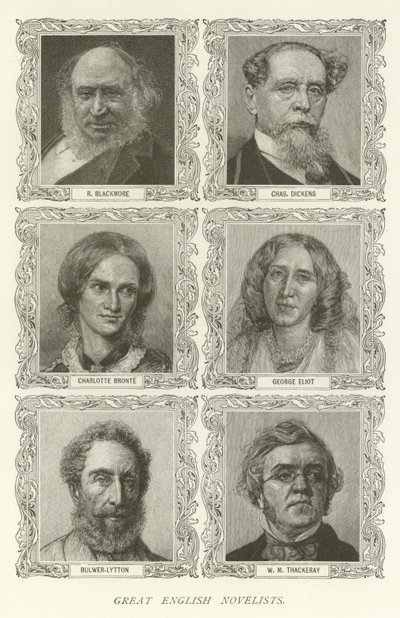 Stora engelska romanförfattare, R Blackmore, Charles Dickens, Charlotte Bronte, George Eliot, Bulwer-Lytton, WM Thackeray av American School