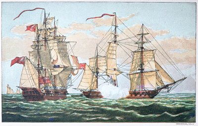 HMS Shannon vs den amerikanska Chesapeake 1813 under kriget 1812 (färg litho) av American School