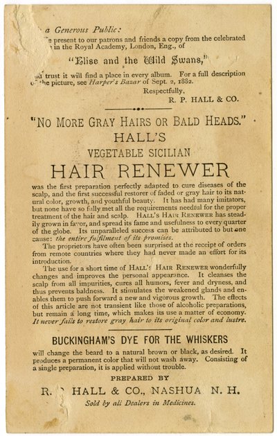 Halls Vegetable Sicilian Hair Renewer, återställer grått hår till sin ursprungliga färg och förhindrar håravfall. Verso, (litografi [handelskort]) av American School