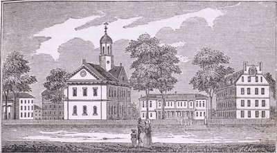 Harvard University, Cambridge, från "Historical Collections of Massachusetts", av John Warner Barber, 1839. av American School