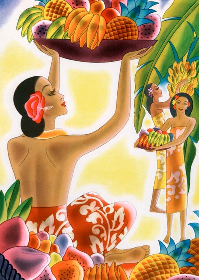Hawaiianska kvinnor som skördar frukt av American School