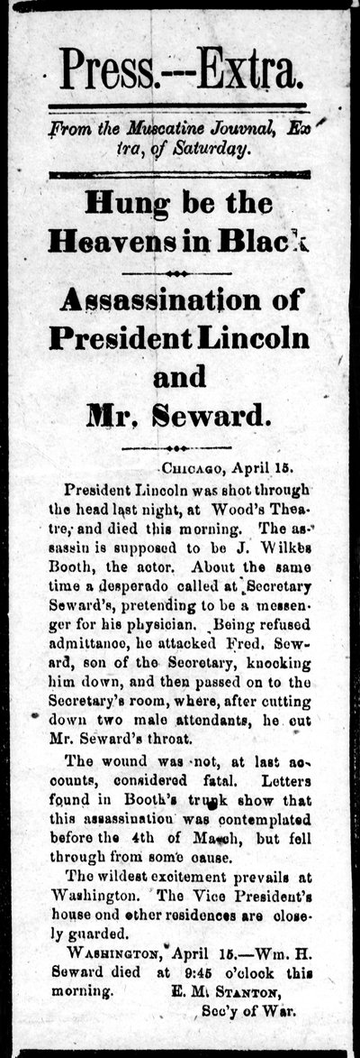 Rubrik som tillkännager mordet på Abraham Lincoln (1809-65) och försök till attentat på William Seward (1801-72) från Press Extra, 15 april, 1865 (tryckt) av American School