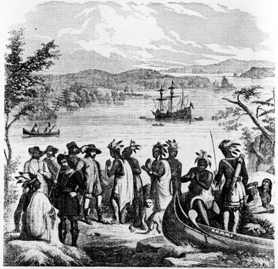 Henry Hudson på väg nerför Hudsonfloden, illustration från Ballou