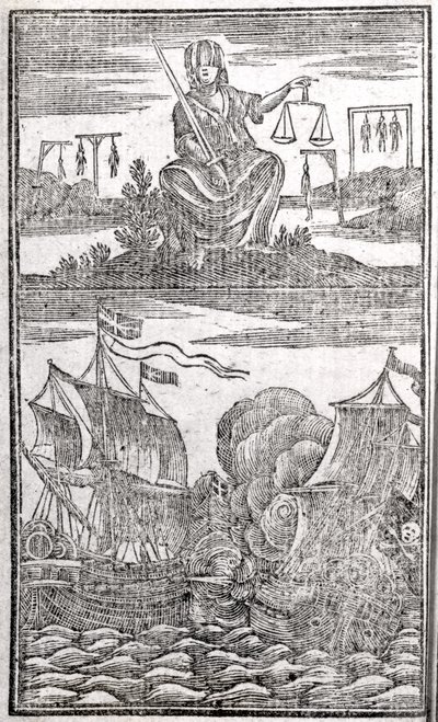Historia och liv för alla de mest beryktade piraterna och deras besättningar, frontispice, London, 1725 av American School
