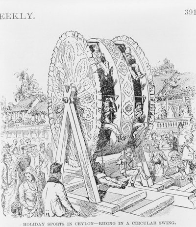 Holiday Sports in Ceylon, ridning i ett cirkulärt hjul, ca 1893 (illustration) av American School