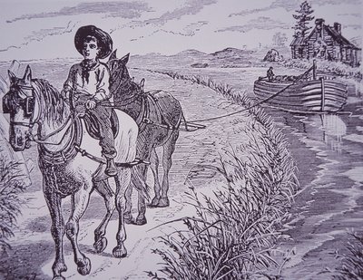Hästar som drar kanalbåt på dragbana, Erie Canal (gravyr) av American School