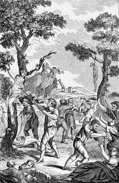 Illustration från en anti-katolsk broschyr som visar kvinnor och barn som mördas av American School