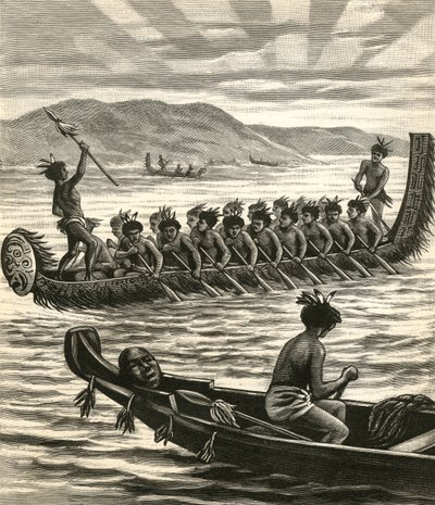 Illustration av maorikrigare i kanoter av American School