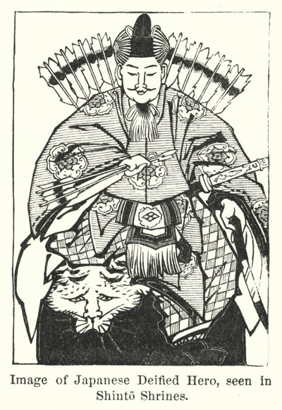 Bild av den japanska gudomliga hjälten, sedd i Shinto-helgedomar (gravyr) av American School