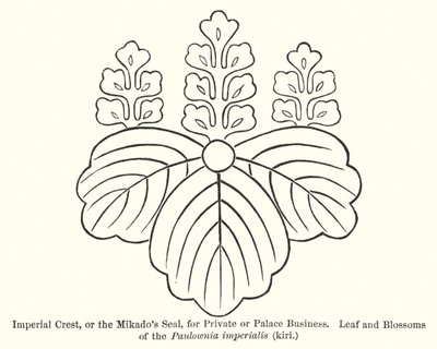 Imperial Crest, eller Mikados sigill, för privata eller palatsaffärer, blad och blommor av Paulownia imperialis, kiri (gravyr) av American School