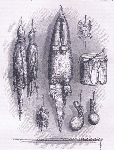 Indisk medicinväska, mystisk visselpipa, strider och trumma 1661, illustration från Cassell