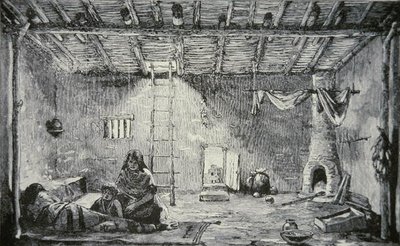 Interiör av ett Pueblo-hus, ca 1880 (gravyr) av American School