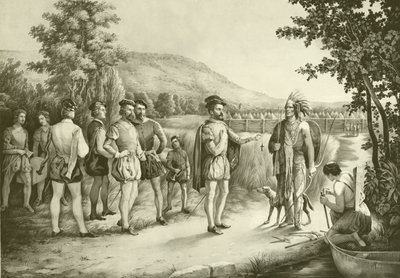 Jacques Cartier, hans första intervju med indianerna vid Hochelaga nu Montreal 1535, ca 1850 av American School