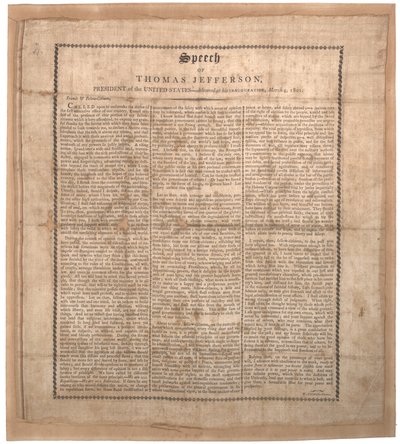 Jeffersons första invigningstal, tryckt av Pechin, Baltimore, 4 mars 1801 (lito på siden) av American School