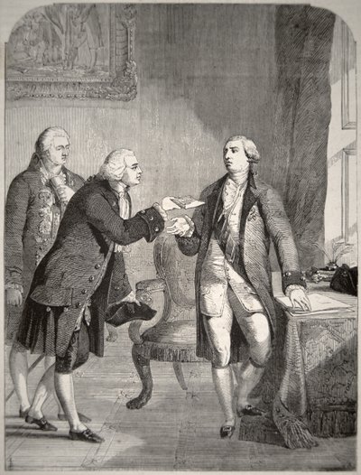 John Adams (1735-1826) som den förste amerikanska ambassadören vid det engelska hovet och presenterade sina meriter för kung George III (1738-1820) (litografi) av American School