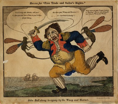 John Bull stack till vånda av getingen och bålgetingen, 1813 (handfärgad reliefsnitt) av American School
