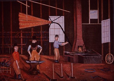 John Mohler Studebaker (mitten), tysk-amerikansk vagnsmakare i verkstad, ca 1858 (färg litho) av American School