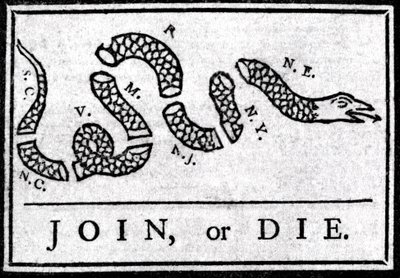 Join or Die, teckning, betraktar den första politiska karikatyren, publicerad i "Pennsylvania", Gazette av Benjamin Franklin 1754. Den representerar en orm uppdelad i flera sektioner med legenden "" Join or Die"". Detta är en vädjan till det 13 amerikanska av American School