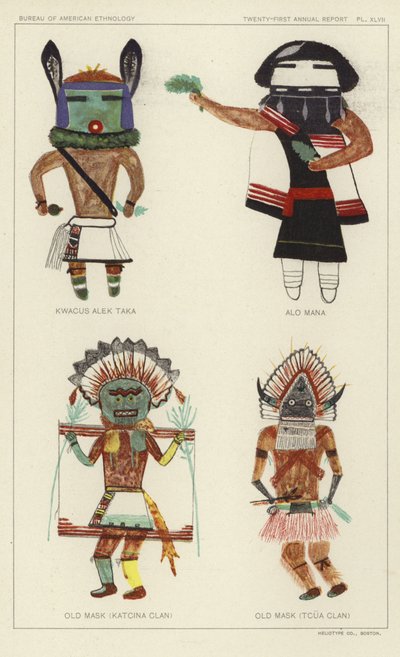 Kwacus Alek Taka, Alo Mana, Gammal mask (Katcina-klanen), Gammal mask (Tcua-klanen) (färglitografi) av American School