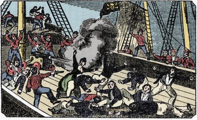 Piratherren Jean Lafittes död (1780-1826), gravering av "The pirate own book" 1837. av American School
