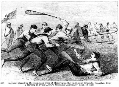 Lacrosse spelad av Dominion Club of Montreal på Capitoline Grounds, Brooklyn, från en teckning i Frank Leslies Illustrated Newspaper av American School