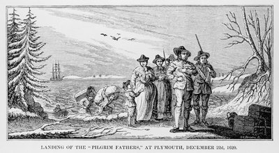Pilgrimsfädernas landning i Plymouth på Cape Cod, Massachusetts, 22 december 1620, tryckt i History and Antiquity of New England, New York... 1842 av American School