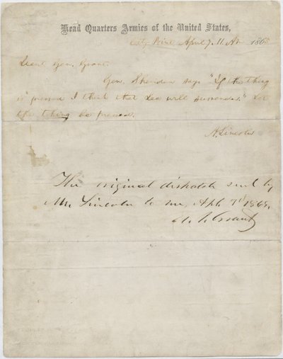 Brev från Abraham Lincoln till general Ulysses S. Grant, 7 april 1865 av American School