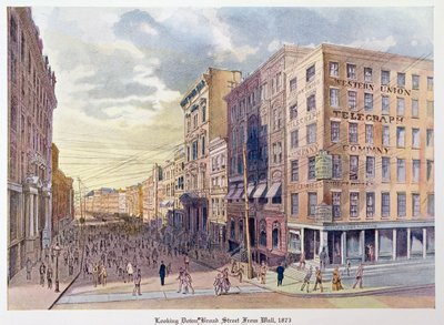 Ser ner på Broad Street från Wall 1873, illustration från Old New York, igår och idag av Henry Collins Brown, 1922 av American School