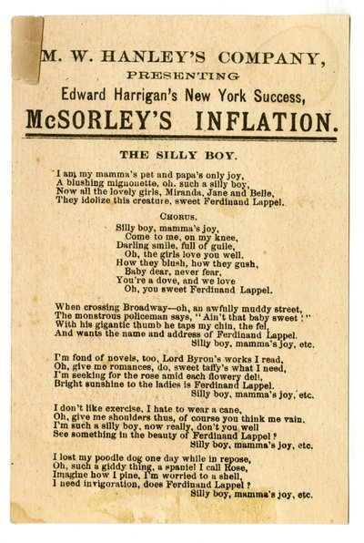 M.W. Hanleys Col presenterar Edward Harrigans senaste N.Y. Success, McSorleys Inflation [teaterkort]. Verso, ca 1882 (litografi [handelskort]) av American School