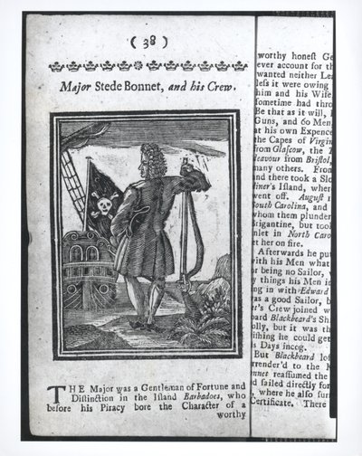Major Stepe Bonnet, sidan 38 från Historier och liv för alla de mest beryktade piraterna och deras besättningar, London, 1725 av American School