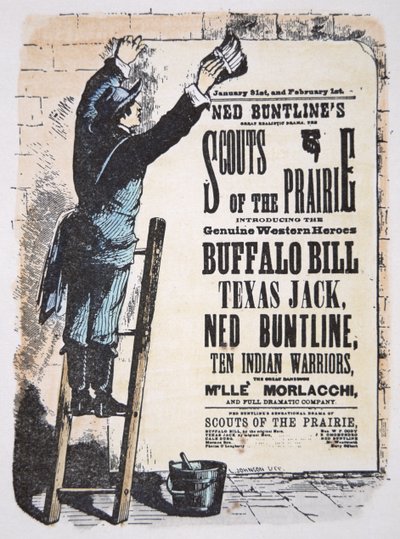 Man som lägger upp en teaterräkning för "Scouts of the Prairie"-pjäs med Buffalo Bill Cody (1846-1917), Texas Jack (1846-79) och Ned Buntline (1823-86) ca 1874 (färgad gravyr) av American School