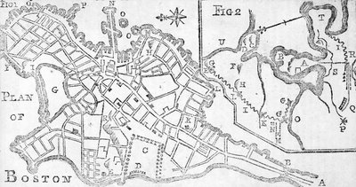Karta över Boston, tryckt i Bickerstaffs Albany Almanack, 1776 (tryck) av American School