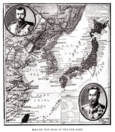 Karta över östra Ryssland, Korea och Japan under den japansk-ryska konflikten (1904-1905). I medaljong, tsar Nikolaj II av Ryssland (1868-1918) och kejsar Meiji av Japan (1852-1912). Illustration, i "Ryssland och Japan och en fullständig historia av kriget av American School