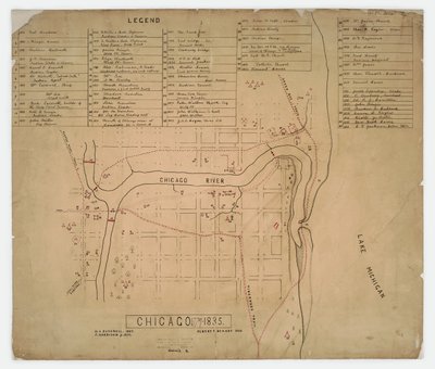 Karta över historiska hus och platser i Chicago, Illinois, ca 1835 av American School