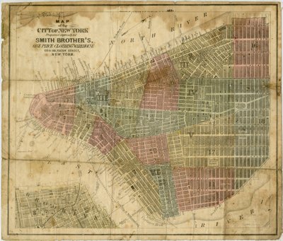 Karta över staden New York: utarbetad uttryckligen för Smith Brothers, ett prislager för kläder... utarbetad av J.H. Colton & Co., 1854-1869 (svart och färgat bläck på papper) av American School